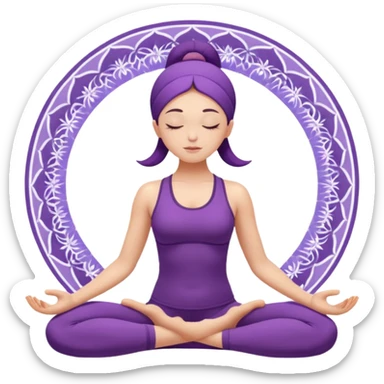 A woman in a purple yoga outfit resting in child’s pose, peaceful feeling, gentle mandala texture in background. sticker
