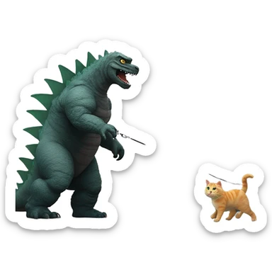 Godzilla walking his pet cat with a leash sticker
