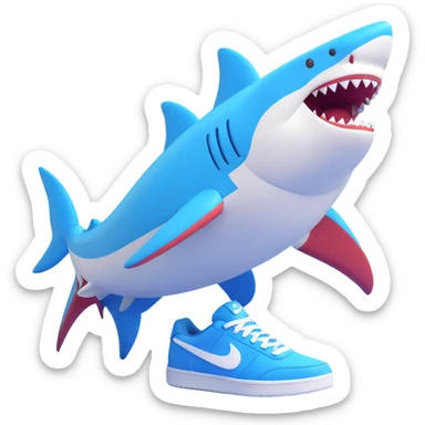 a fun and clear style shark wearing three blue Nike shoes sticker