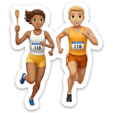 Show the baton being passed off like in a relay race. Make them smiling  and running in a track relay race. One needs to be running and hanging one baton to the other  sticker