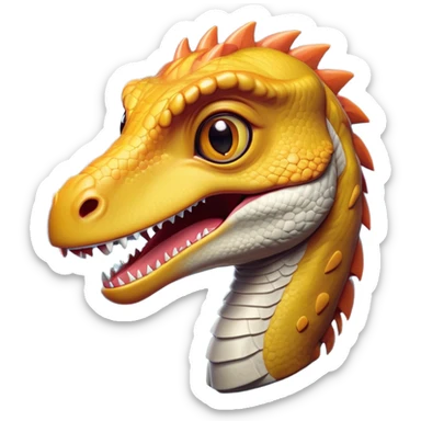 Cinematic Cute Velociraptor Portrait Emoji, Head tilted playfully with a mischievous grin, featuring a compact, agile form with bright, sparkling eyes and a slightly curved snout full of playful charm, Simplified yet irresistibly adorable features, highly detailed, glowing with a warm, inviting prehistoric glow, high shine, affectionate and lively, stylized with a touch of whimsical dinosaur mischief, soft glowing outline, capturing the essence of a mischievous yet endearing Velociraptor that seems as if it could dart out of the screen into your arms! sticker