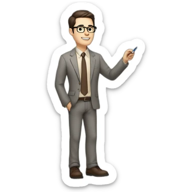 Pale skinned fit man teacher with dark brown hair in gray jacket, beige office shirt, brown tie, brown pants and vintage glasses Writing on the marker board sticker