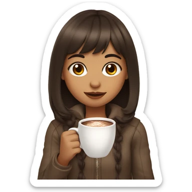 Girl with bangs sipping hot coco brown hair sticker