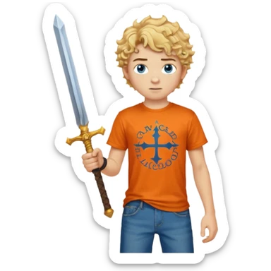 20 year old boy with curly blond hair and blue eyes with freckles wearing an orange no blue “Camp Halfblood” tshirt with the official percy jackson camp halfblood logo on it and blue jeans have him swinging a gold sword  sticker