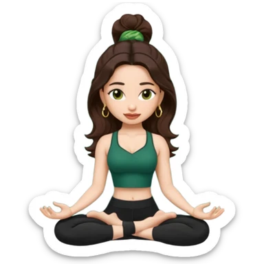 pretty bratz genmoji that looks like tamannah bhatia (bollywood actress), wearing a dark green sweetheart neckline top, dark brown hair, light makeup, no necklace, dangly earrings, side hair part, dark brown eyes, doing yoga sticker