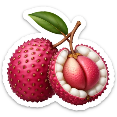 one whole lychee with rough, bumpy pink-red skin and a second one peeled open to show glossy white flesh and smooth brown seed inside, juicy translucent texture, soft lighting, subtle shadows, subtle highlights, no leaves, plate, or extras, apple emoji style, emoji scale sticker