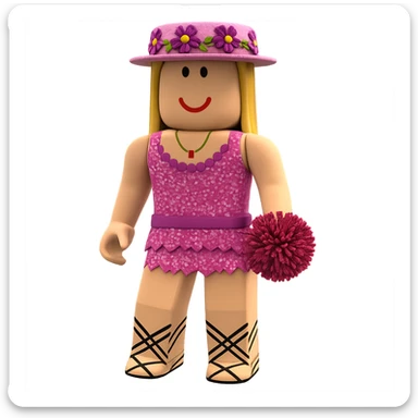 Extract only the character in a pink dress and hat (third from left) from the image, place it on a transparent background, and keep the original Roblox style and appearance. sticker