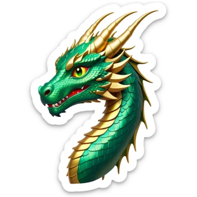 Cinematic Noble Dragon Portrait Emoji, Poised and majestic, with a sinuous, elongated build and shimmering, scale-covered skin in hues of emerald and gold, piercing, fiery eyes, Simplified yet sharp and sophisticated features, highly detailed, glowing with a mystical, radiant glow, high shine, intelligent and formidable, stylized with an air of ancient power, focused and attentive, soft glowing outline, capturing the essence of a watchful and legendary dragon that feels as though it could soar out of the screen with effortless authority! sticker