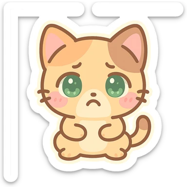 kawaii chibi-style cat emoji with pastel orange and brown cream fur, anime-style pouty expression, sparkly green eyes, blushing cheeks, pastel color palette, soft rounded design, vector art sticker