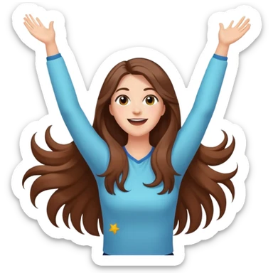 excited woman with long brown hair with arms raised above head with confetti and stars  sticker