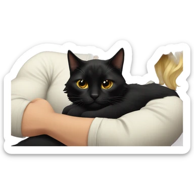 Black cat laying on man with long blonde hair and tattoos  sticker
