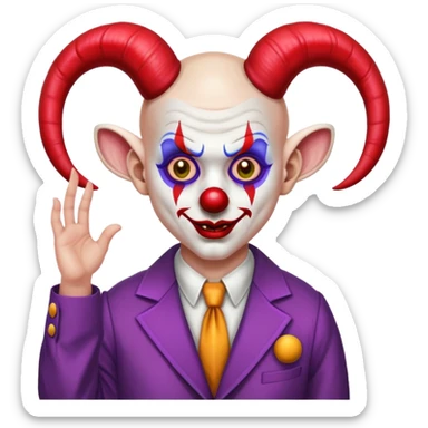 demonic clown wearing a leisure suit, bald with ram horns sticker