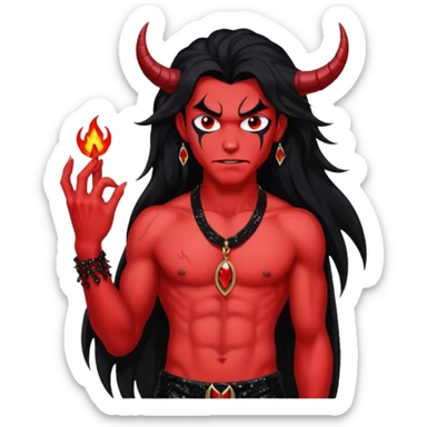 Satan with red skin, long black hair, black sequin baggy pants, shirtless with necklace sticker