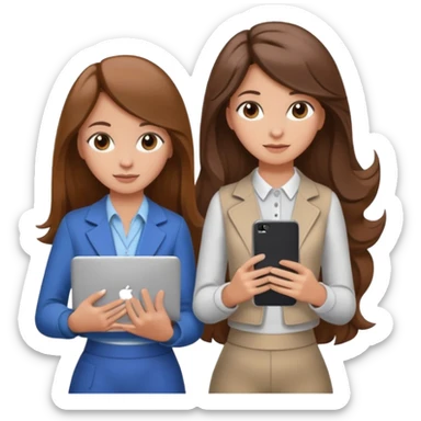 two brown haired girls, looking professional maybe leaned back on back and looking forward and using phones, with longer hair and with some cute clothes without ties, blowout hair, one girl can hold lap top athoer one can hold the phone sticker