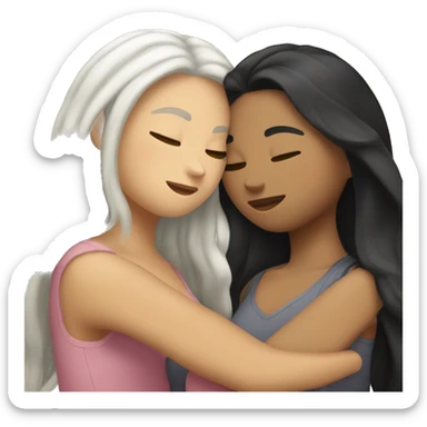 A lesbian couple who both have white skin and long black hair are hugging intimately. sticker