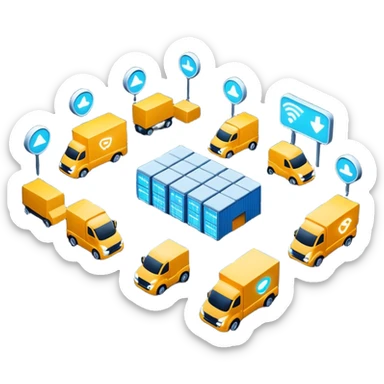 create a realistic emoji of a futuristic warehouse automation. A autonomous trucks, smart drones, and glowing data networks can be part of it as well — cinematic lighting, innovation atmosphere. sticker
