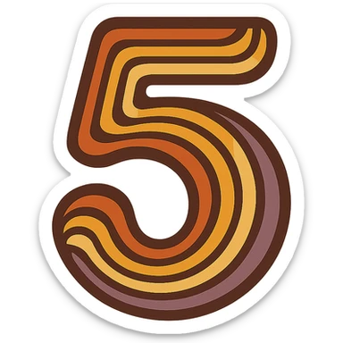 number 5 in retro 70s style, wavy lines, orange, yellow, brown, and purple color palette sticker