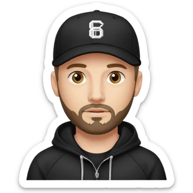 Hombre de ojos claros, con barba fina y perilla, gorra negra de baseball bordada con un 8, y sudadera negra sticker
