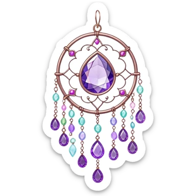 Hanging colorful pastel suncatcher, threads with shiny sparkly iridescent amethyst gemstones,  sticker