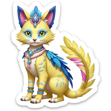 Kawaii cute yellow, blue, pink, exotic tribal beautiful pretty elegant divine edgy feline-vernid-sergal-Fakémon-Pokémon-Digimon-fursona-animal-creature with bracelet, necklace, full body, with intricate detailed markings, feather headdress  sticker