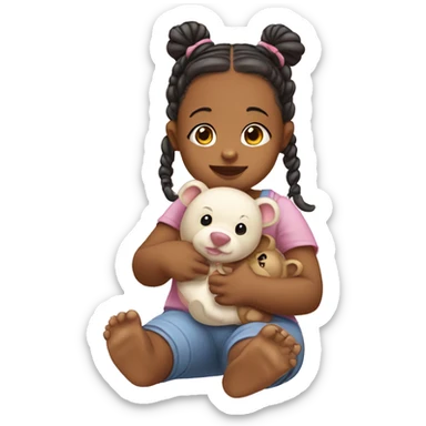 Baby girl with pigtails playing with toy bear sticker