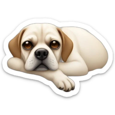 White Puggle with brown ears sleeping on bed sticker