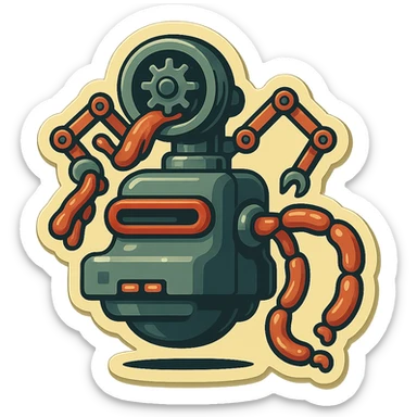 sausage-processing droid. retro-futuristic style. in front is a large industrial grinder rotating gears and blades. Two robotic arms feed material into grinder. Sausage links extrude from the rear like  factory. The body is metallic, compact, and floats above the ground.no legs. Dark humor sticker