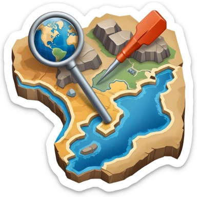 An icon featuring a crowbar and a geological map, and layers of Earth’s crust, symbolizing geology. The design includes mineral samples, fossils, and tectonic plates, representing the study of Earth’s structure and natural processes. Transparent background highlights geological exploration sticker