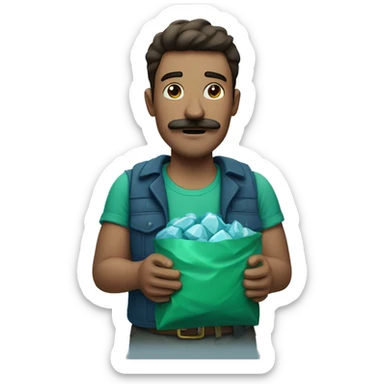 Guy with green shirt and moustache holding a packet of blue rocks  sticker