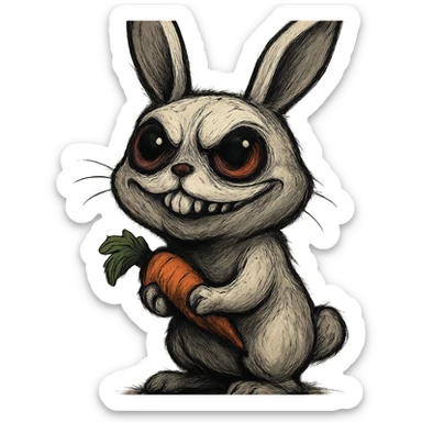 an evil white rabbit holding a carrot, looking upwards with cute big eyes, unique style sticker