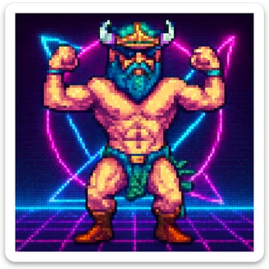 Add a neon background to the Techno Viking dancing in pixel art style. Keep the pixel art style look and feel. sticker