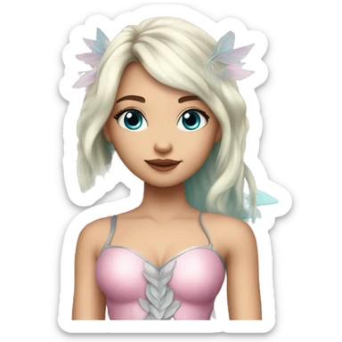 Beautiful, leaf, fairy, silver,blue eyes, beautiful makeup, pink shadows ,light skin, turqoise, pink outfit , long blond hair, big wings sticker