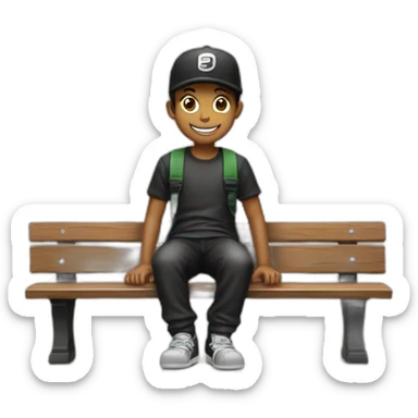 smiling boy,in black , sentado en un banco, con gorra  sticker