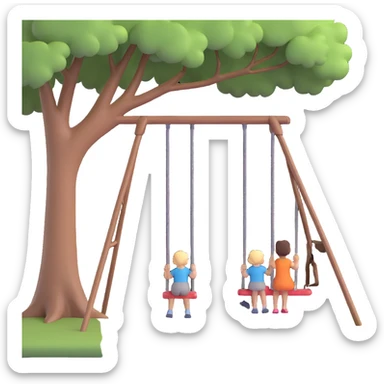 A person pushing a swing with a child sitting on it, outdoors, under a tree, in daylight. The swing is moving back and forth. Focus on the motion of swinging and the person gently pushing it sticker