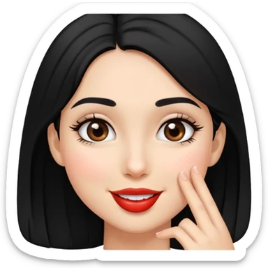 Girl with big dark brown eyes, with black hair. She is smile and gives kiss sticker