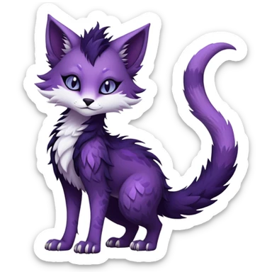 Kawaii dark purplish blackish edgy fantasy ethereal feline-vernid-sergal-fursona animal creature with a tufted tail full body with intricate markings  sticker
