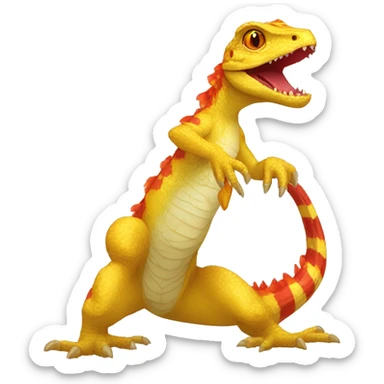 A Yellow Shiny Anthro-Scalie-Lizard-Reptile-Salamandrian-Fakémon with red stripes and orange frills Full Body sticker