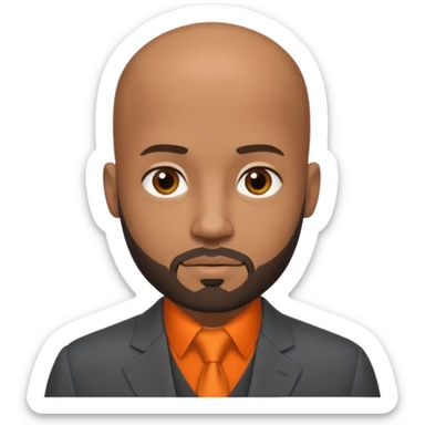 headshot of a sophisticated, stylish, bald head, small eyes Caribbean black man with a beard and goatee in a dark gray suit and orange shirt sticker