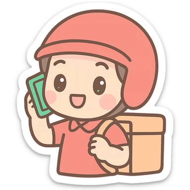 food delivery man in red, wearing red helmet, on the phone, kawaii chibi anime style, flat pastel colors, thick outlines, simple cute features, close-up sticker
