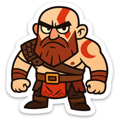 Funny cartoon version of Kratos with exaggerated features, looking grumpy sticker