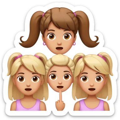 Surprised expression with exclamation mark, then three girl emojis in different hairstyles sticker