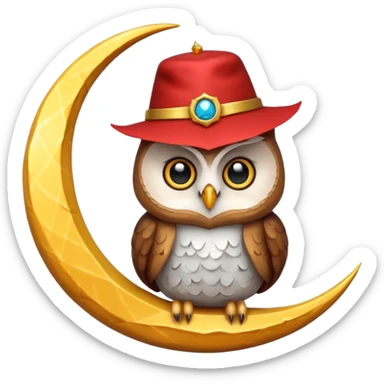 Owl wearing a tiny fez, sitting on a crescent moon. sticker