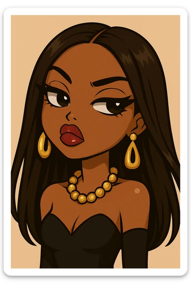 Headshot only of a 20-year-old anime Bratz style woman with dark skin and straight hair, wearing glamorous evening wear. She has big expressive eyes, glossy lips, no hat, no tears, and a confident, aloof expression with a snooty attitude and her nose turned up. sticker