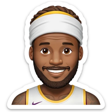 LeBron James smiling face with his iconic beard and headband sticker