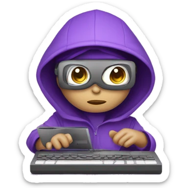 un mapache morado usando una computadora  sticker