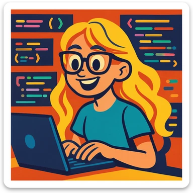 Sabrina Carpenter as a programmer, typing on a laptop, wearing glasses, surrounded by code, energetic vibe, colorful style sticker