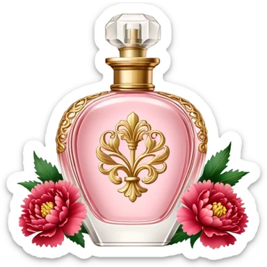 A delicate vintage perfume bottle in soft Petal Pink, adorned with intricate gold detailing, sits elegantly on a vanity. Surrounding it are lush Strawberry Red carnations, their velvety petals adding a rich contrast. The scene is bathed in warm, diffused light, evoking timeless glamour and romance. sticker