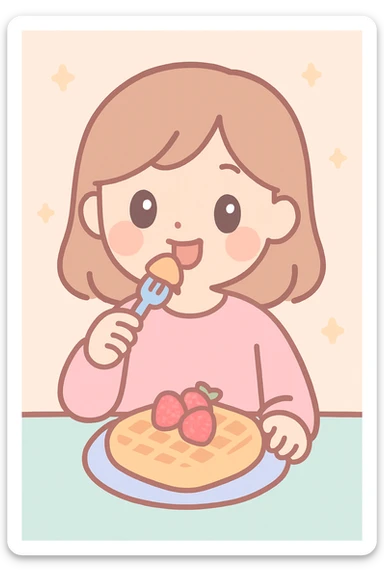 mujer comiendo wafles con frutilla, estilo soft girl, colores pastel, ambiente suave y acogedor sticker