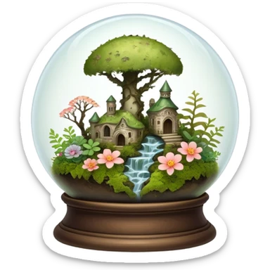 Mystical woodland glass-dome-terrarium-globe with moss inside, with bones inside, and flowers inside  sticker