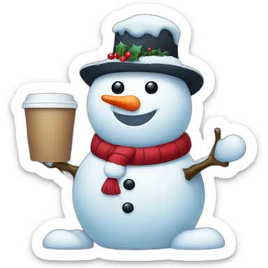 cute little snowman with a laptop holding a coffee mug sticker